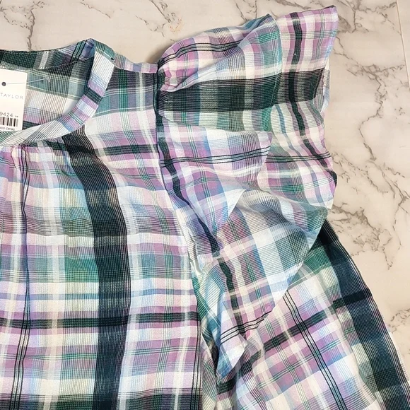 NWT Ann Taylor Cotton Plaid Ruffle Sleeve Top, Size S - Picture 7 of 9